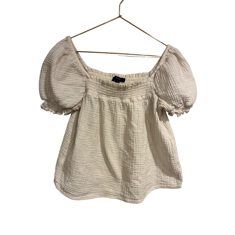 J.Crew Smocked Puff Sleeve Top Cream White Double Gauze Cotton Square Neck Small